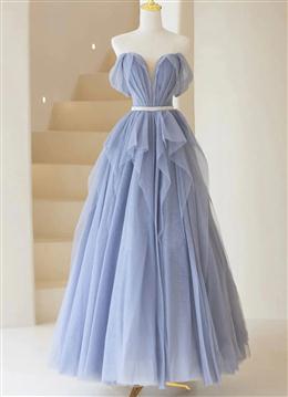 Picture of Blue Sweetheart Tulle Off-the-Shoulder Floor-Length Formal Dress, Blue Evening Gown